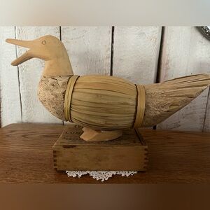 Vintage Folk Art Duck Sculpture | Hand Carved Wood & Woven Reed Decor